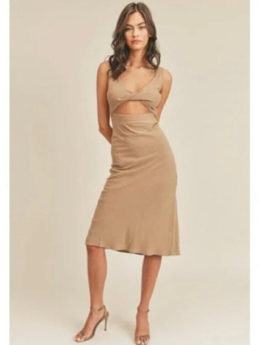 Mable Linen Cotton Midi Tan Dress M